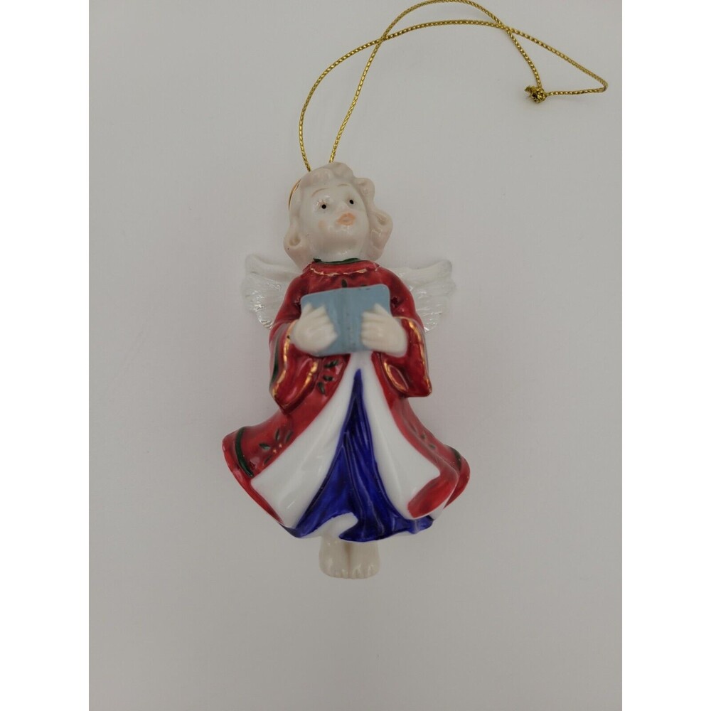Vintage Ceramic Angel Ornament Singing Red and‎ Blue White Wings
